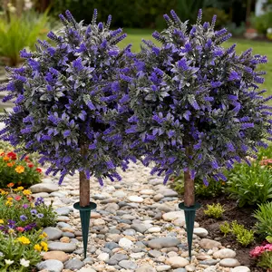 Artificial Lavender Topiary Ball Tree 24" with Ground Spike, Set of 2 Artificial Boxwood Bushes for Faux Shrubs, Fake Evergreen Faux Plant for Indoor Outdoor Porch Garden -UV Resistant–Fade-Proof