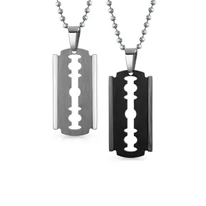 Set of 2 Hip Hop Biker Jewelry Razor Blade Pendant Necklace Black Silver Plated