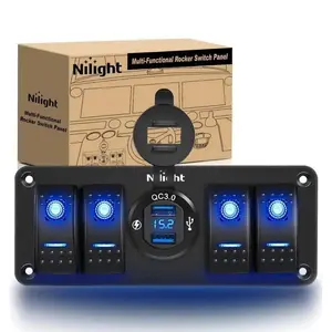 Nilight 4Gang Aluminum 5Pin ON/Off Blue Rocker Switch Panel w/ QC 3.0 Dual USB Charger Voltmeter