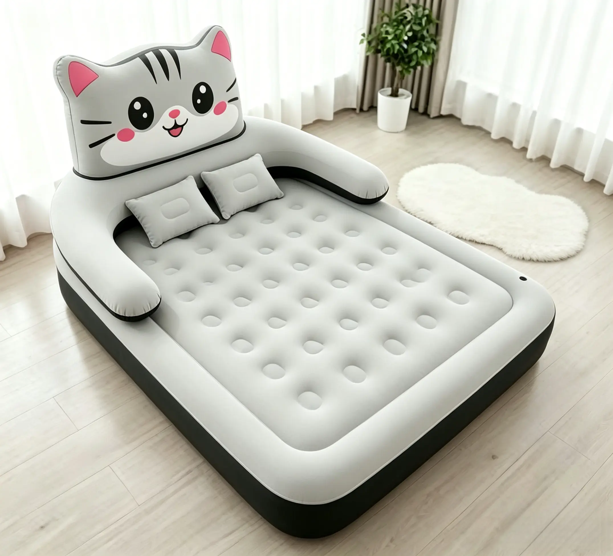 Cute cat-themed inflatable mattress with a backrest, double pillows, and cup holders. Thick honeycomb structure keeps it stable, inflates quickly, waterproof and scratch-resistant. Suitable for home, camping, and picnics
