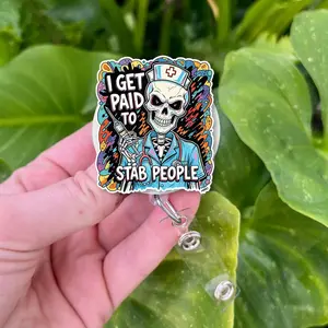 Skeleton Nurse Badge Reel - “I Get Paid to Stab People” - Funny Spooky Medical ID Clip for Nurses, Techs, RNs, Phlebotomists