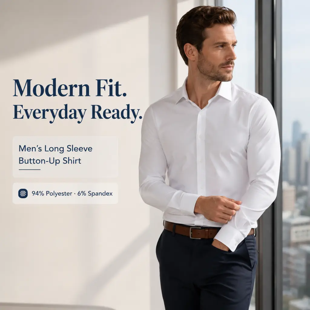 Men's Modern Fit Long Sleeve Button-Up Dress Shirt - 4-Way Stretch Polyester Spandex, Wrinkle-Free, Menswear Plain Business Casual Formal Stylish Shirt