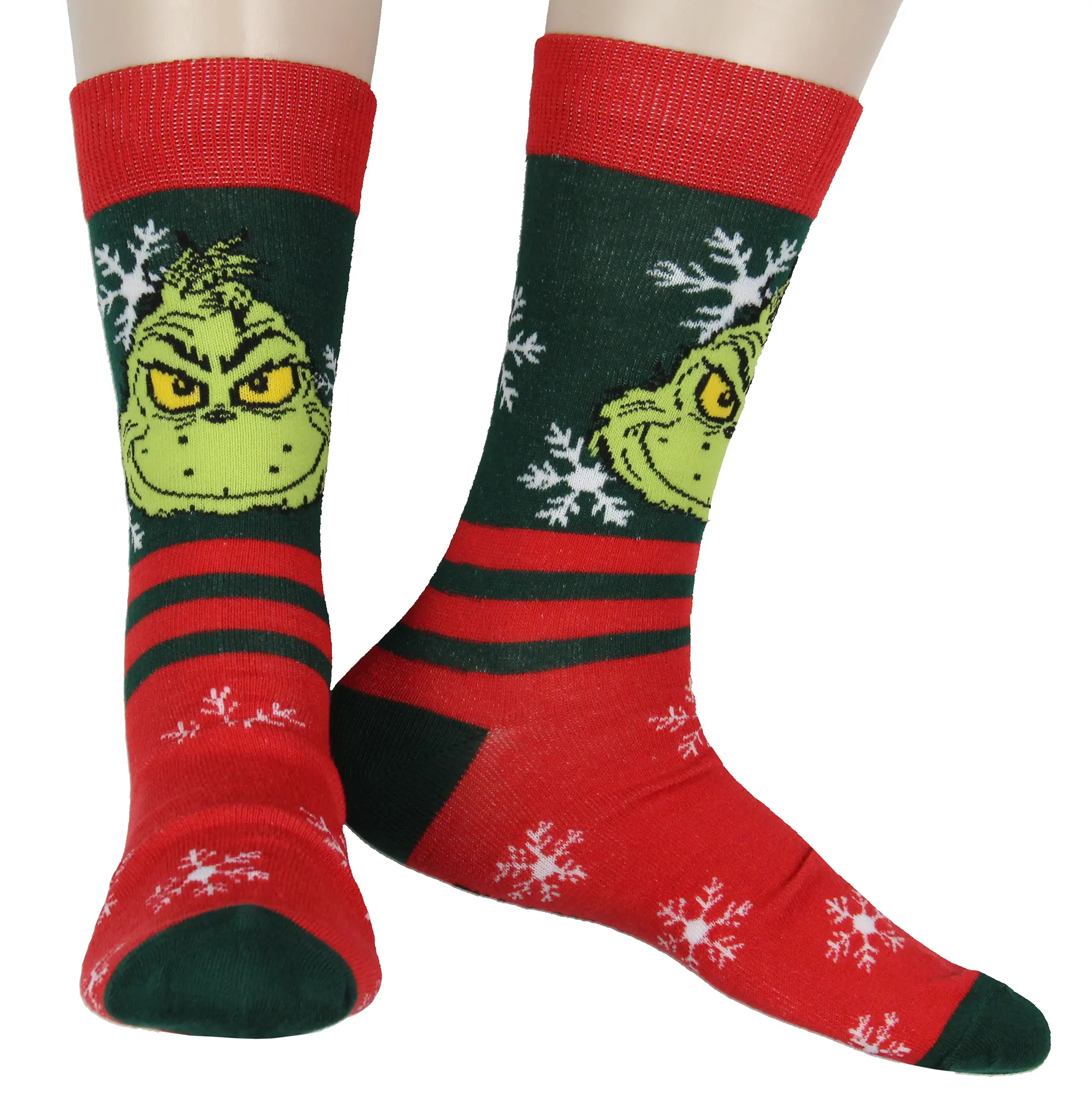 Dr. Seuss The Grinch Men's Grinch Face Snowflake with Stripe Adult Mid-Calf Crew Socks Fits Shoe Size 8-12, Fabric, Menswear
