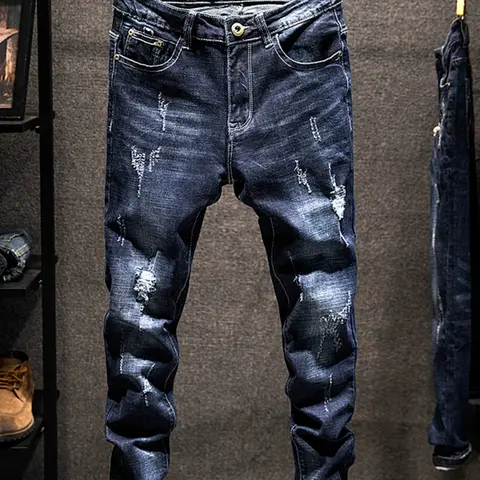 Men's Distressed Casual Skinny Jeans, Ripped Skinny Fit, Ripped Slim Fit, Pocket, Natural Elastic Long Pants, Blue Style, Dark Wash, Modern Korean Fashion, Streetwear, Trendy Distressed Denim, Stretch Denim Fabric