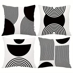 4pcs, Black & White Geometric-Themed Throw Pillow Covers, Modern Abstract Circle & Stripes Design, Decorative Cushion Covers for Sofa, Bed, Living Room & Bedroom, Single Sided Printing, No Pillow Core