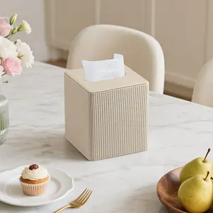Square PU Leather Tissue Box with Magnetic Closure, Roman Column Striped Design, Decorative Tissue Holder for Home, Bathroom, Bedroom & Office
