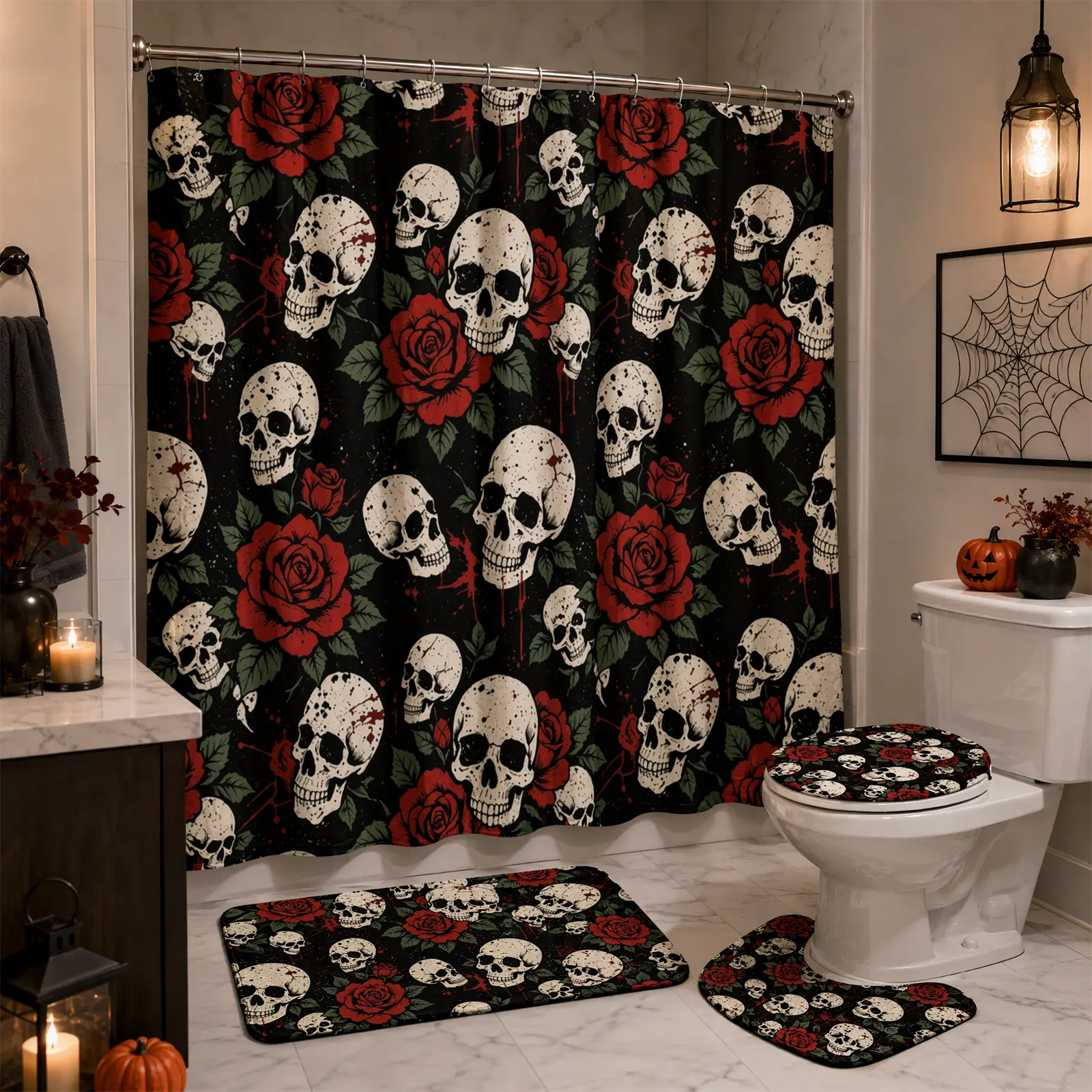 Waterproof Anti-Mold Halloween Skull 4-Piece Bathroom Accessory Set - Roll-Up Shower Curtain, Bath Mat, Toilet Lid Cover, U-Shaped Mat, 12 Free Hooks, Easy-Clean Durable Flannel for Apartments, RVs Daily Use