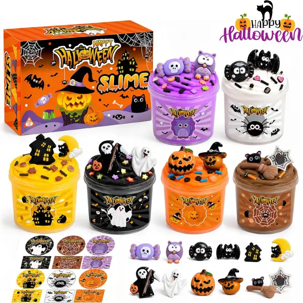 6-Pack Halloween Slime Kit for Kids, Scented Butter Slime with Halloween Stickers & Add-Ins, Sensory Fidget Toys, DIY Slime Making Kit, Party Favors & Goodie Bag Stuffers for Boys & Girls Ages 8-12