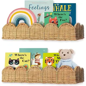 Book Shelves Set of 2 - Artisanal  Rattan Scalloped Book Shelf for  Rooms 15.8" W, Cute Wicker  Bookshelf Wall Mounted, Handwoven Floating  Bookshelf,  Boho Decor