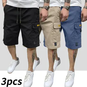 3PCS Men’s Cargo Casual Shorts, drawstring waist, multi-pocket design with letter branding, casual wear for home, everyday shorts |Drawstring Waist Shorts |Lightweight Shorts |Cargo Shorts,Summervibes
