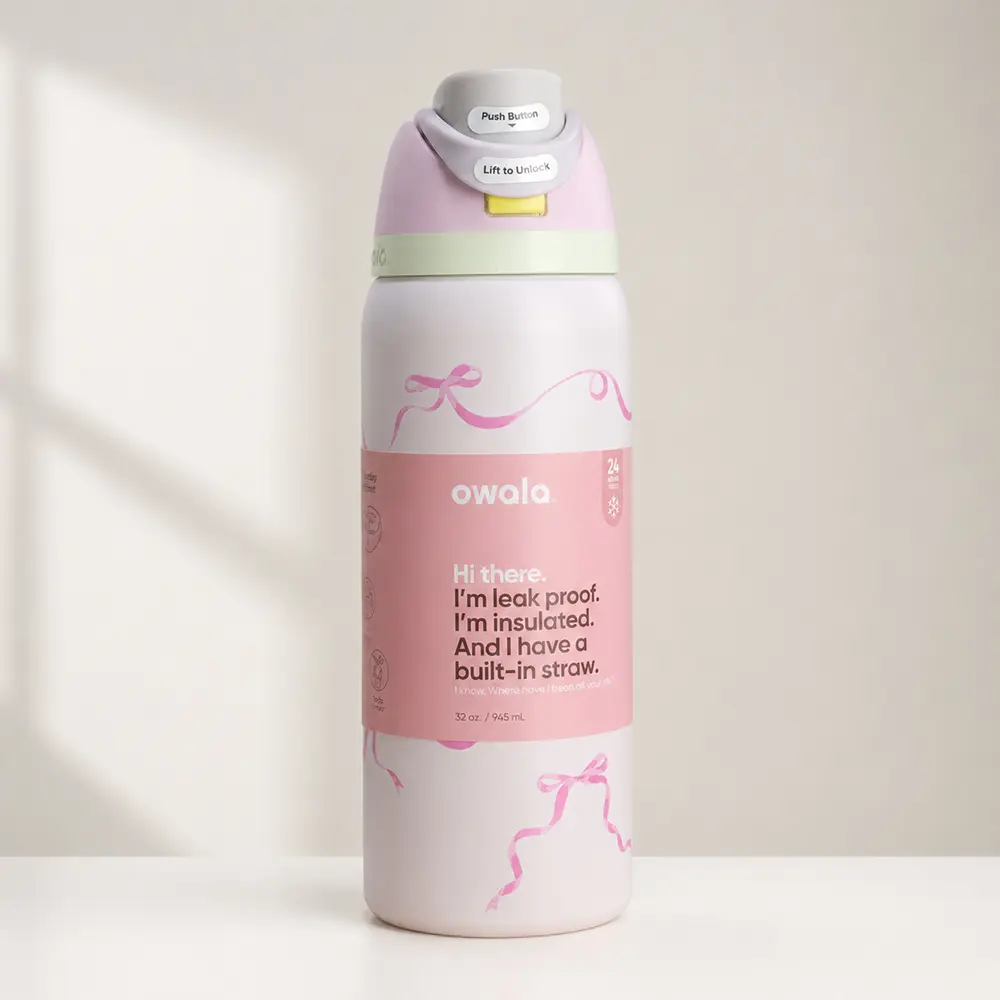 Owala FreeSip Pink Ribbon Bow Stainless Steel Water Bottle – Blush Coquette Insulated Bottle with Built-In Straw