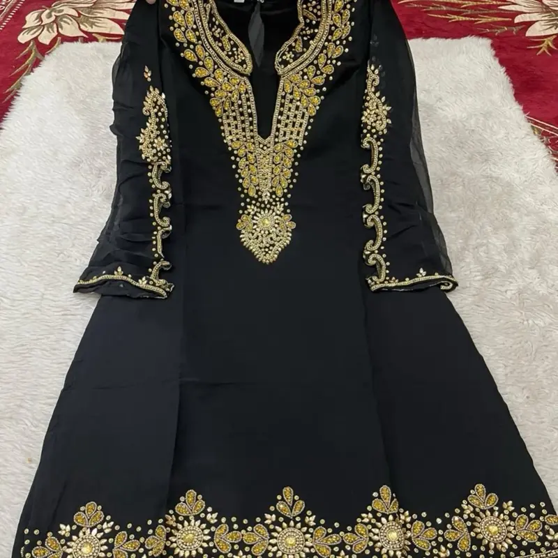 Georgette Embroidered Stone Work Only Black Kurtis Intricate Zardozi and Katdaana Work Mid Length Kurtis Pair with Pants or Skirts for Statement Look