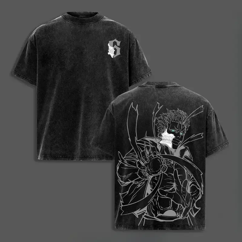 Men's Retro Washed Black Bleach Casual T-Shirt, Oversized Shortsleeve Round Neck Tops, Ichigo Kurosaki & Grimmjow Jaegerjaquez Graphic Prints, Standard Sizes for Anime Fans