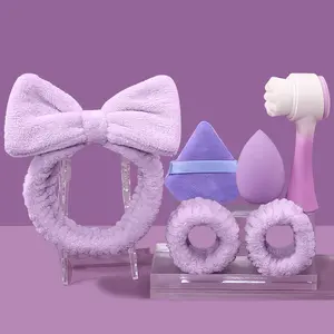 6pcs Super Soft Facial Cleansing Set tools: Hair Bows Headbands wrist strap + Double-sided soft bristle facial brush + dry and wet dual-purpose makeup sponge set, portable travel beauty tools