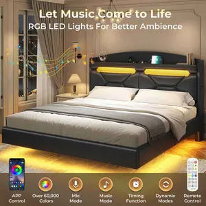 Sikaic LED Floating PU Leather Upholstered Bed Frame Black with Secret Storage Open Display RGB Lighting Charging Station Modern Design