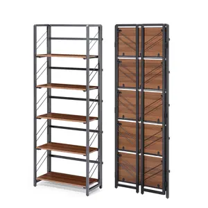 Garvee No-Assembly 5-Tier Folding Bookshelf with Vintage Design, Multi-Functional Bookcase Storage Shelves, Standing Rack Organizer for Home and Office in Black and Brown