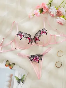 Women's Blue Butterfly Embroidered Lingerie Set, Mesh & Lace Design, Push-Up Balconette Bra with Girdle Panties, Casual Style