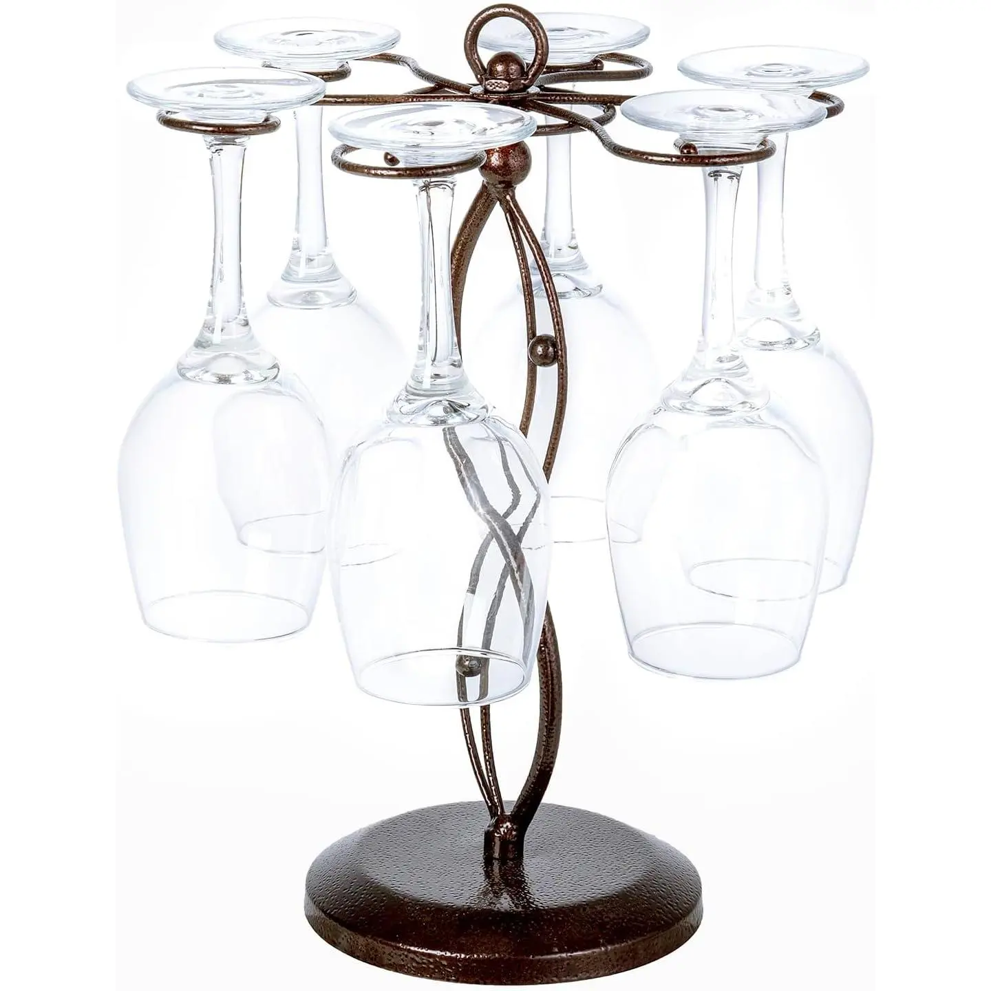 Bronze Metal Countertop  Glass Holder with Scrollwork Design, Freestanding Tabletop Stemware Storage Rack with 6 Hooks