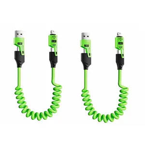 Buy One Get One Free!  4-in-1 Spring Rapid Charging Cable – 65W USB-C PD Multi-Device Fast Charging, 1.2m / 4ft Coiled Retractable Cable for iPhone, Samsung and Laptops (Green)