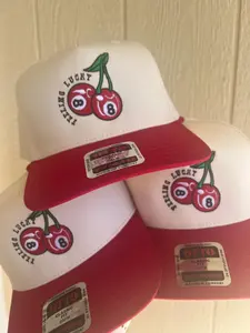 Feeling lucky cherry trucker hat, trendy trucker hat, 8 ball hat, cherry hat, red trucker hat, western retro hat, trendy hat, gifts for her