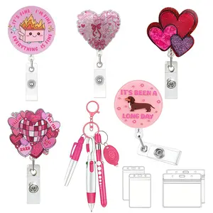 Heart-Shaped Badge Scroll Pen Set with Mini Fluorescent Pens, Permanent Markers, Ballpoint Pens, Card Holder, Retractable Keychain Design