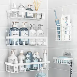 5 Pack Shower  Organizer Rack Shelf for Inside Shower, Self Adhesive Wall Storage Basket Rustproof Stainless Steel Shampoo Holder Bathroom Accessory Decor Set, White Round Soap