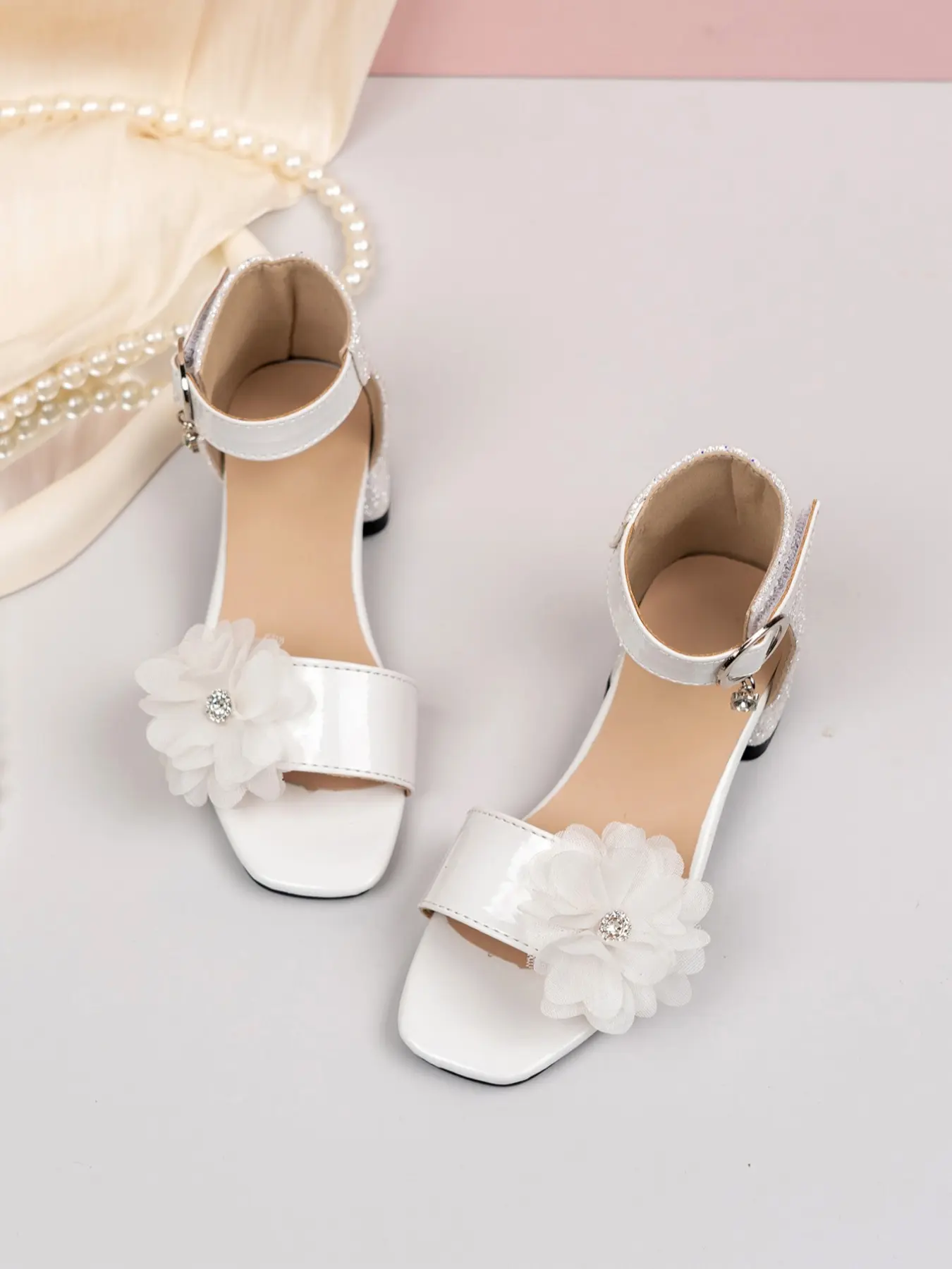 Rhinestone Flower Sandals, Embellished Sandals, Fashionable Sandals, Elegant Sandals, Square Toe Chunky Heel, Princess Style Open Toe Buckle, Soft Sole Comfort, Birthday Party Shoes