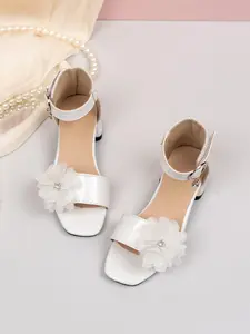 Rhinestone Flower Sandals, Elegant Sandals, Square Toe Chunky Heel, Princess Style Open Toe Buckle, Soft Sole Comfort, Birthday Party Shoes