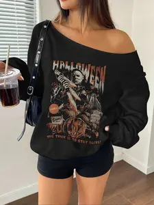 Women's Off-Shoulder Pumpkin Letter Print Loose Casual Long Sleeve Sweatshirt, Perfect for Vacation Season Autumn Winter Comfortable Versatile Fit