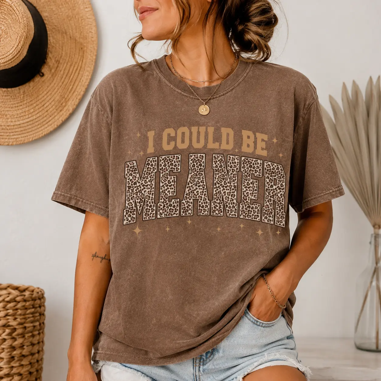 Comfort Colors I Could Be Meaner TShirt Leopard Design Tee Funny Quote Crewneck Funny Humor TShirt Trendy Shirt For Woman Sarcasm Tees - The William Cotton Everyday Medium Oversized