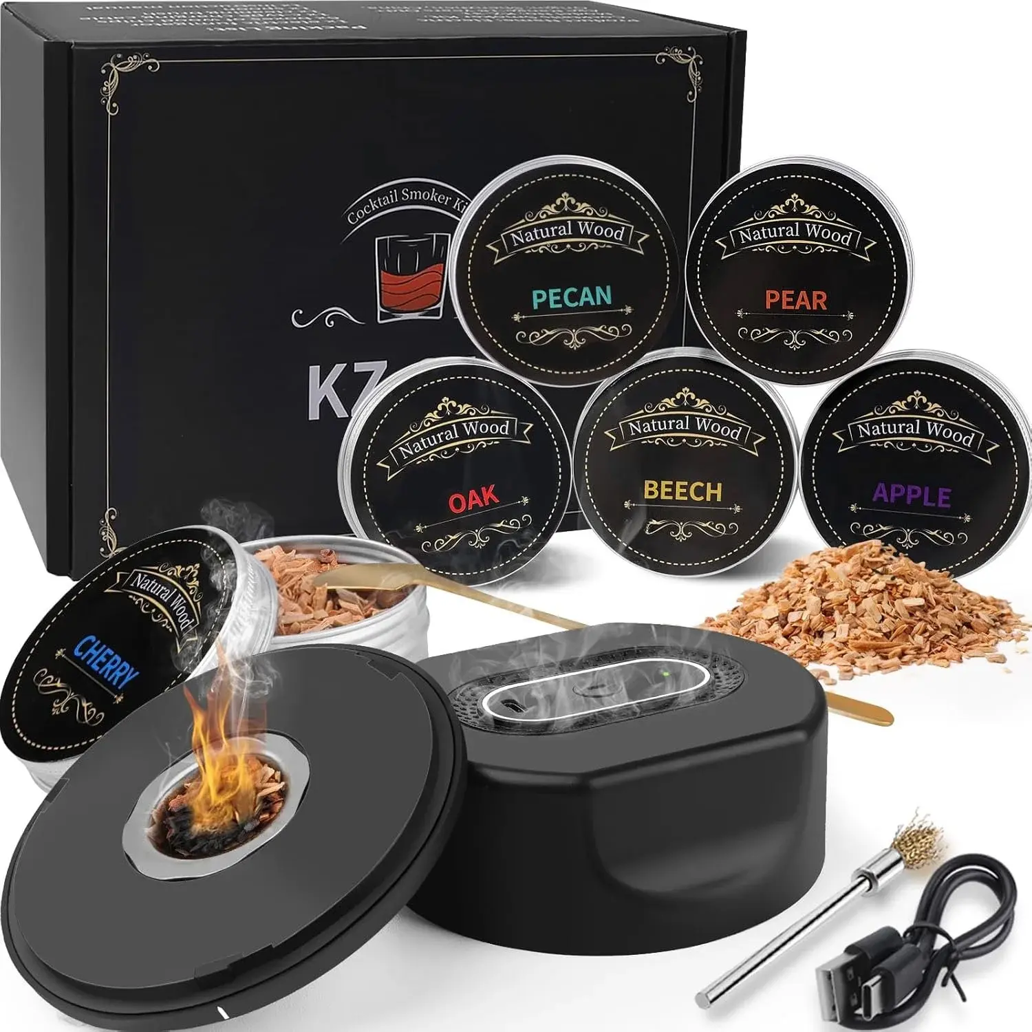 Cocktail Smoker Kit - Electric Whiskey Smoker, Compact, Flame-Free, No Butane Needed, Built-in Ignition, USB-C Rechargeable, Easy to Clean, Instant Smoke Infusion, Gift Box Packaging, 6 Wood Chips, for Home Bars, Fathers Day, Holidays