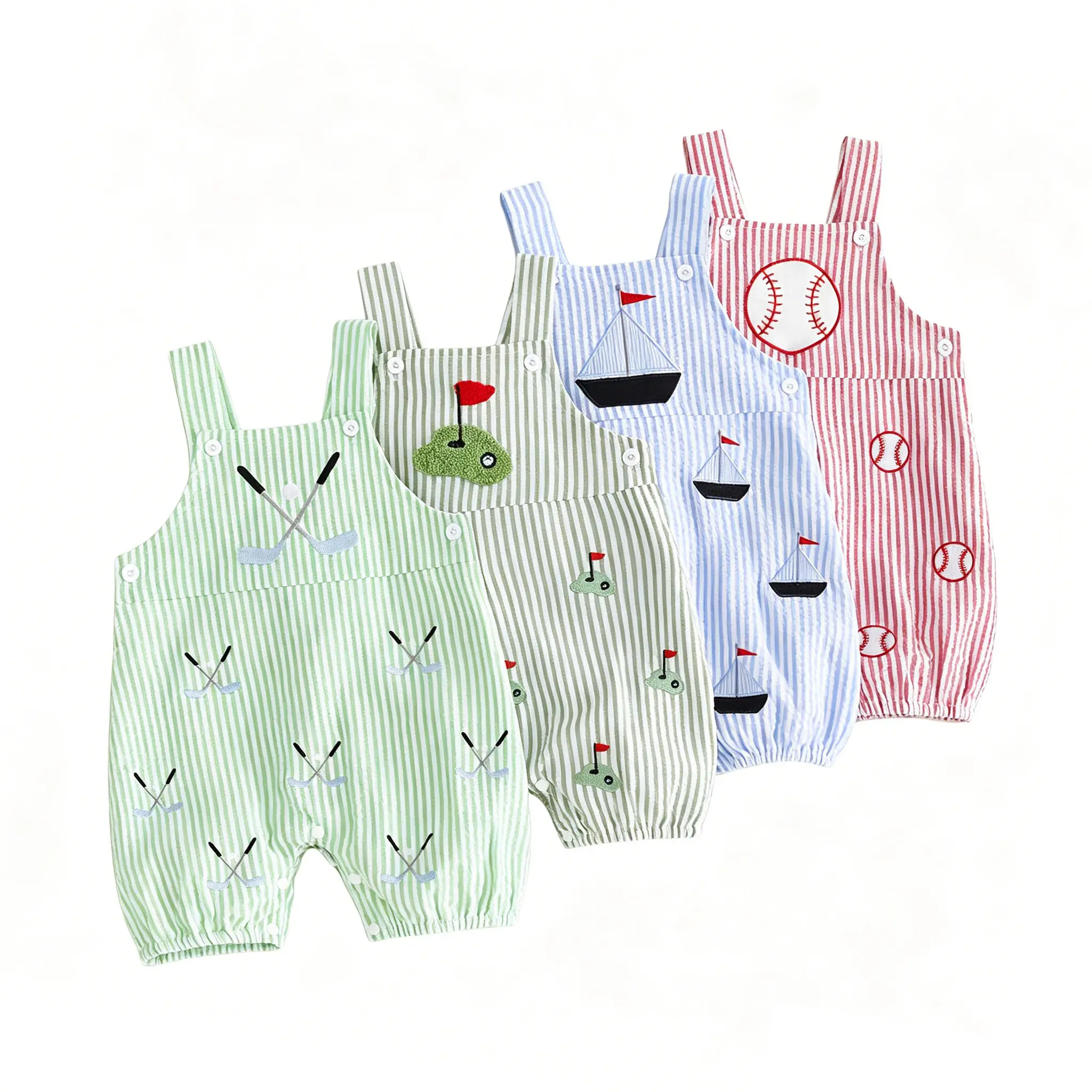 Infant Baby Boy Jumpsuit Cute Golf/Sailboat/Baseball Embroidery Sleeveless Striped Overall Pants 0-18 Months