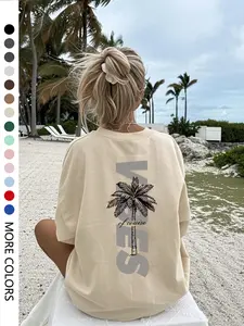 Women's Coconut Tree Letter Print Round Neck Loose Baggy T-Shirt Top, Stylish Casual Knit Wear for Daily Outdoor Vacation, Summer Clothing for Ladies, Womenswear