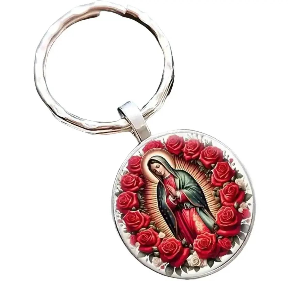 Retro Graphic Virgen de Guadalupe Keychain, Religious Floral Print with Red Roses, Casual Round Double Ring Accessory, Anniversary Gift, Daily, Everyday, Durable, Metal Coating, Floral Figure, Everyday Wear, 0.92 Inches, Round Face, Compact, Up To 1.9 In