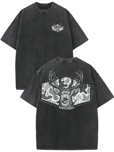 Camo Deer Head Vintage Washed T-Shirt 230g Heavyweight Cotton Hunting Tee Men Oversized Streetwear Loose Fit Summer Casual Top