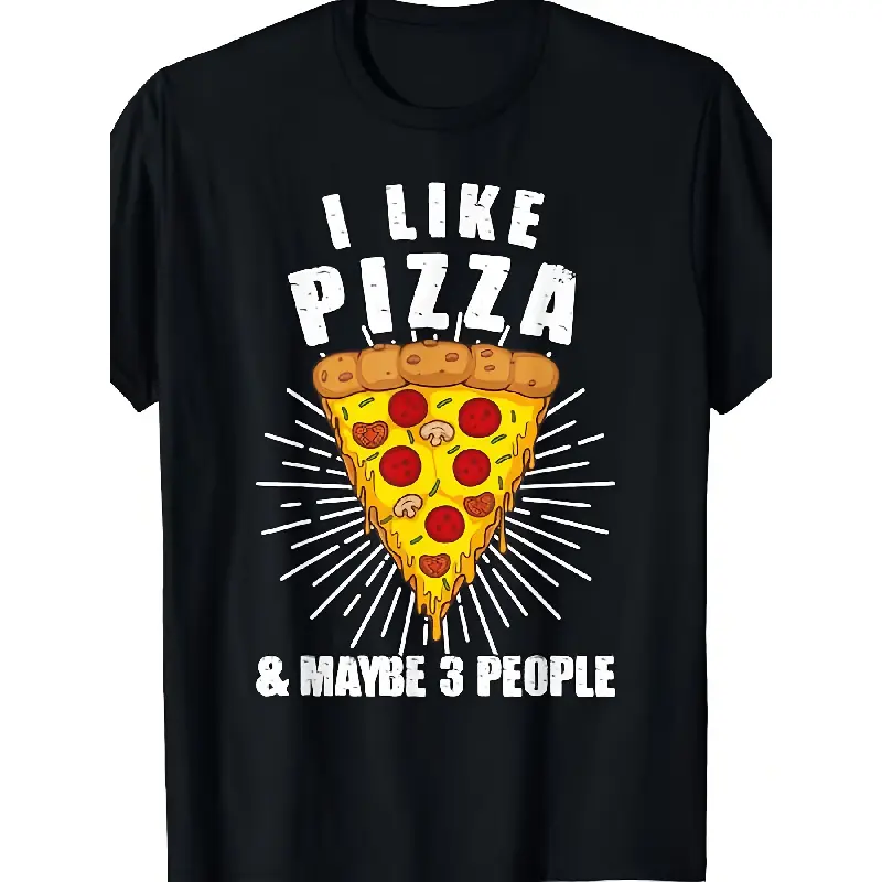 Menswear Oversized Round Neck Shortsleeve Graphic Tees - "I Like Pizza And Maybe 3 People" Print, Relaxed Fit, Casual, Breathable, Soft, Spring-Summer-Fall Essential, Humorous Gift for Men (Birthday, Holiday)