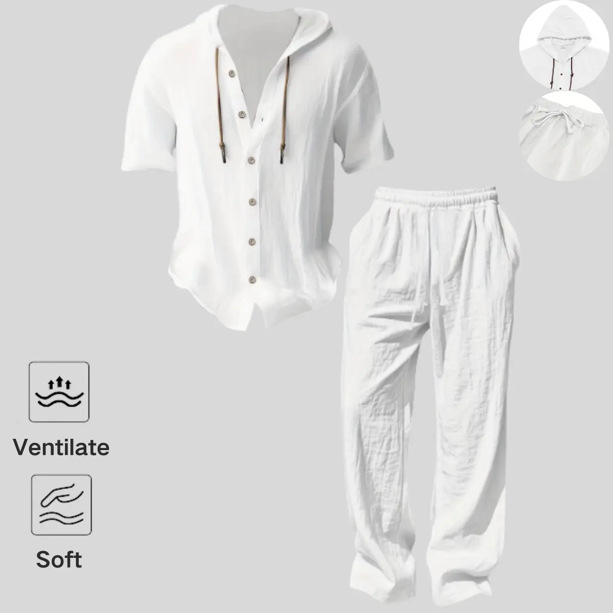 Men&rsquo;s lightweight two-piece set with a hood, casual vacation style, loose and breathable thin fabric, hooded sweatshirt and wide-leg pants, for summer wear