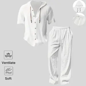 Men’s fashion two-piece set with a hood, casual vacation style, loose breathable fabric, hoodie and wide-leg pants, suitable for spring and autumn