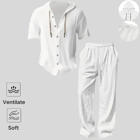 Men’s lightweight two-piece set with a hood, casual vacation style, loose and breathable thin fabric, hooded sweatshirt and wide-leg pants, for summer wear