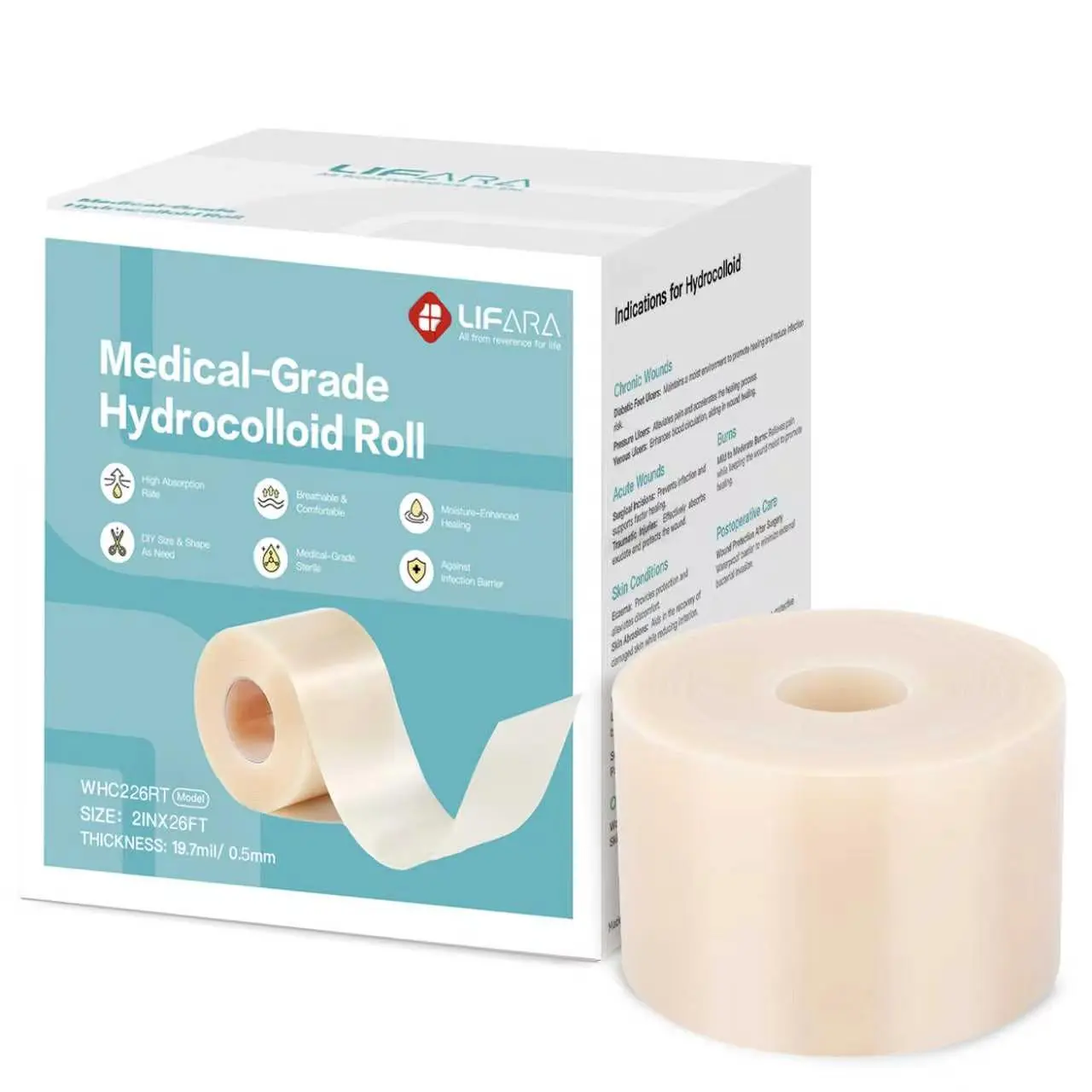 LIFARA Hydrocolloid Hydrogel Wound Care Roll Bandage - 2in*26ft, 0.5mm (19.7mil) Thickness, Cut-to-Size Self-Adhesive, Highly Absorbent, Flexible, Waterproof First Aid Essential for Wounds