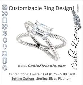 Cubic Zirconia Engagement Ring- The Zaylee (Customizable Emerald Cut Solitaire with Wide Rope-Braiding "X" Split Band)