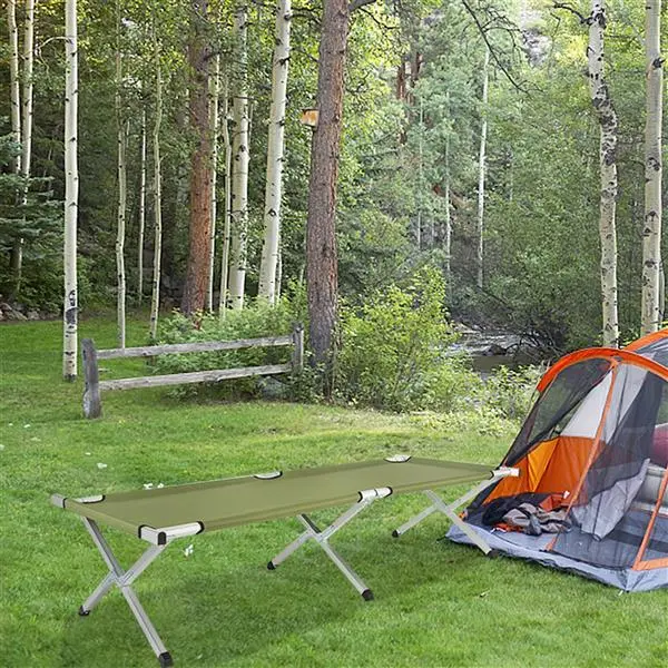 Military green camp bed |   Portable folding camping bed (including storage bag): Aluminum alloy + Oxford cloth material, load-bearing and stable, essential for outdoor camping / field work / emergency rest
