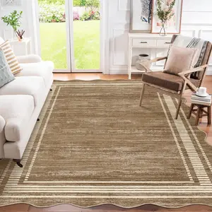 GARVEE Washable Scalloped Rug 9x12 Area Rugs,Modern Neutral Living Room Rugs,Large Washable Solid Farmhouse Carpet Abstract Bordered Carpet for Bedroom Apartment Table Dorm Nursery,Brown