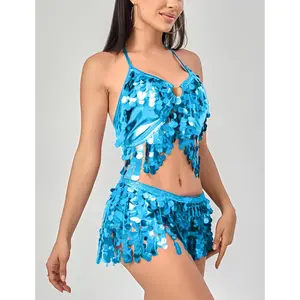 2-Piece Women’s Belly Dance Outfit| Adjustable Tie-Up Sequin Fringe Set – Sparkly for Festival, Rave  Party
