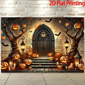 2D Flat Banner, 1pc Spooky Halloween Background - Pumpkins, Lanterns & Gothic Door Design, Polyester Fabric Wall Decor for Living Room, Bedroom, Office, and Outdoor Parties, No Electricity Needed Ornaments