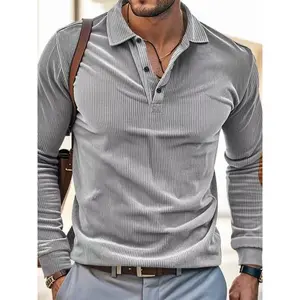 Men's trendy corduroy lapel long-sleeved POLO shirt, spring and autumn retro casual top, elbow patch design trendy base layer, can be worn alone or as an inner layer, a must-have item for men