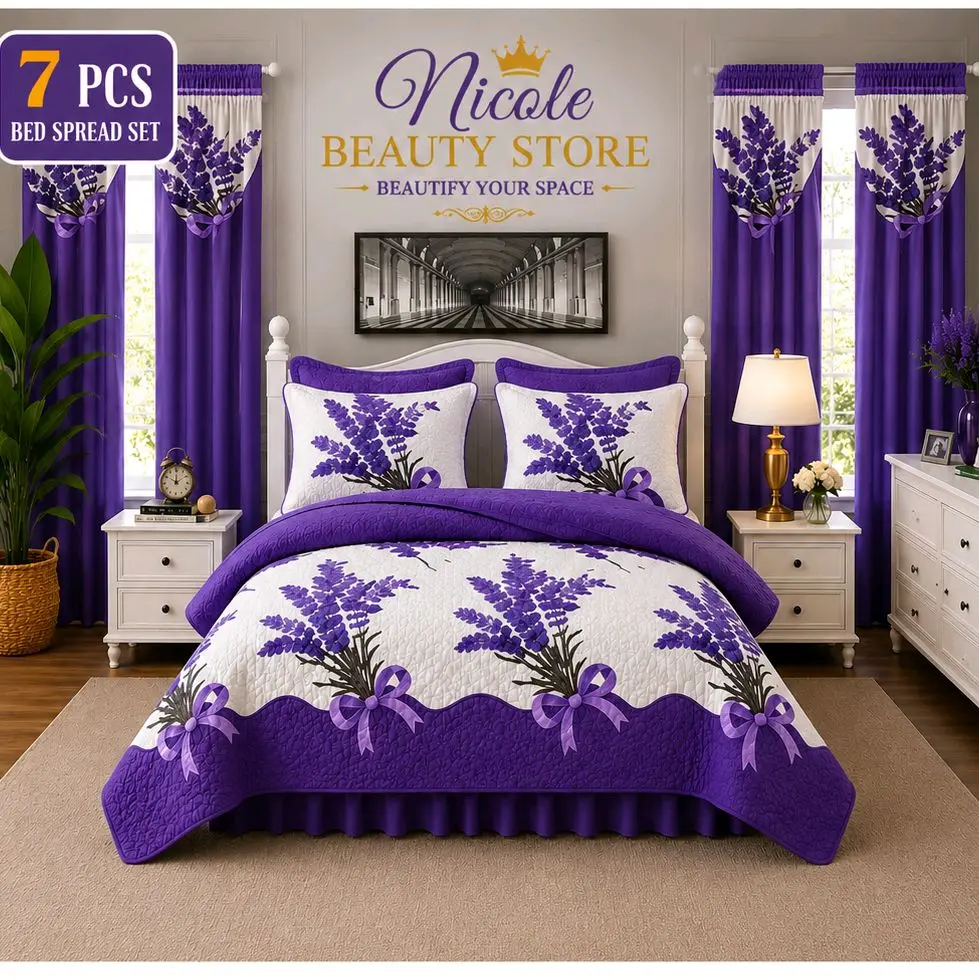 7-Piece King Size Bedspread Set with Matching Curtains & Valances – Luxury Lavender Bedroom Collection