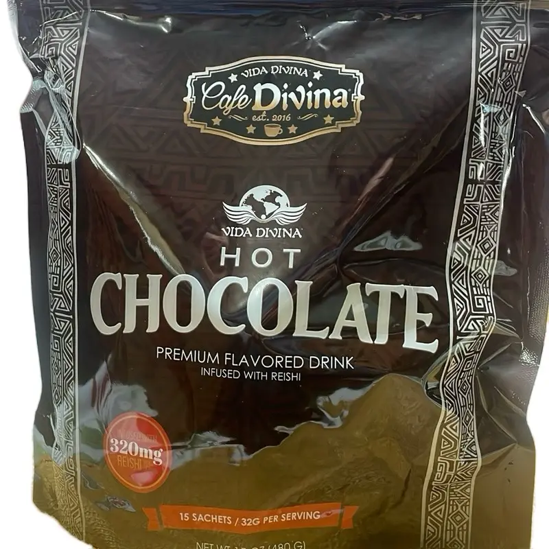 Vida Divina Hot Chocolate Premium Flavored Drink Infused with Reishi 320mg Non-Dairy Creamer 15 Sachets 32g per Serving Old Fashioned Flavor