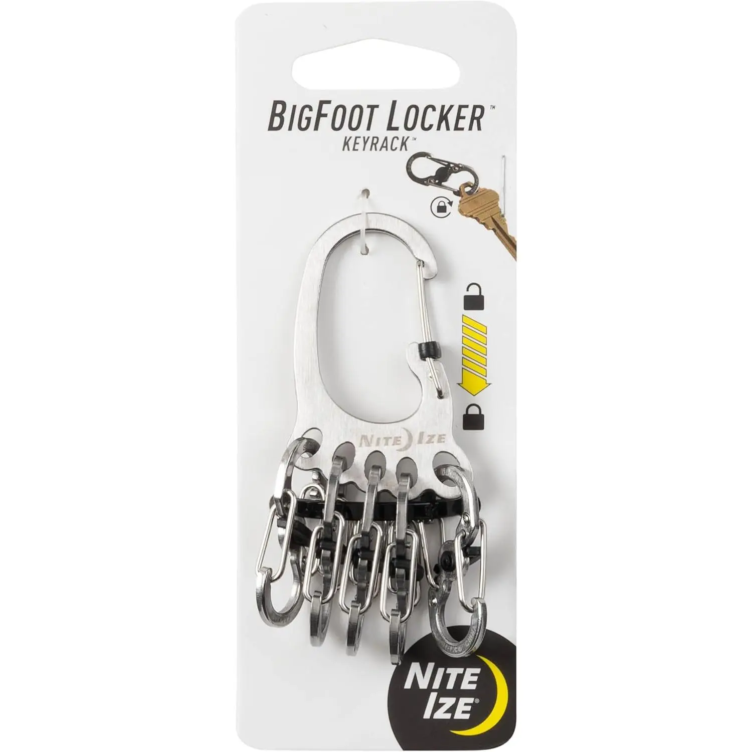 KLKBF-11-R6 Bigfoot Locker KeyRack, Carabiner Chain with 5 Stainless Steel Locking S-Biner Toes to Hold Keys Separately + Securely, 1, Silver