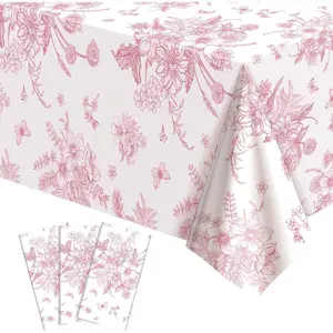 3 Pcs Pink Floral Plastic Tablecloths 54 X 108 Inch Disposable Table Cloth for Garden Wedding Tea Party Birthday Baby Bridal Shower Decor